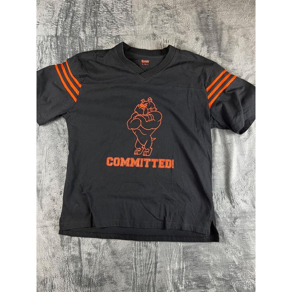 BAW Athletic Wear Black "Committed!" Football Graphic Jersey T-Shirt Men’s Large
